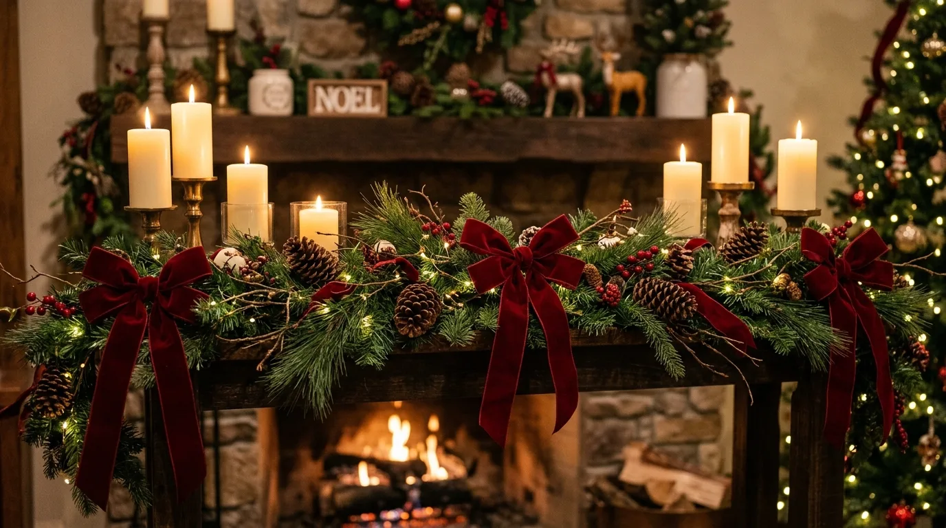 Weave lights through the mantel display inspiration for a Christmas mantel.